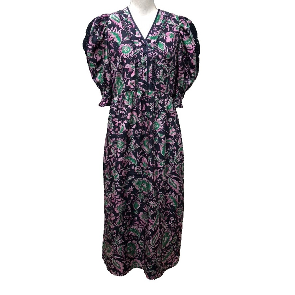 Muveil Dress Womens 38 Small Multicolor Stamp Print Floral Puff Sleeve Maxi Boho